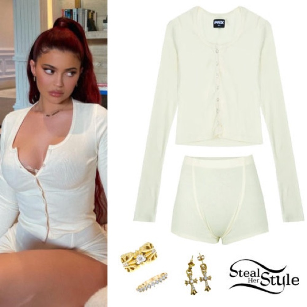Prix Workshop colonel ribbed henley long sleeve top and shorts set cream size L